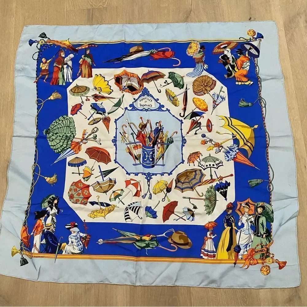 Hermes Blue Silk Square Scarf Ombrelles et Parapluies Umbrellas France 1998